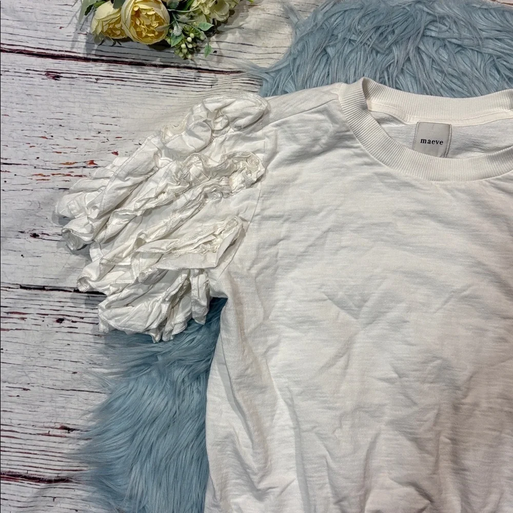 Anthropologie Maeve Ruffled Puff-sleeve Tee In White